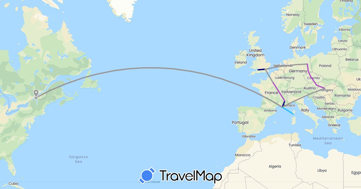 TravelMap itinerary: driving, plane, train, boat in Austria, Canada, Czech Republic, Germany, France, United Kingdom, Hungary (Europe, North America)